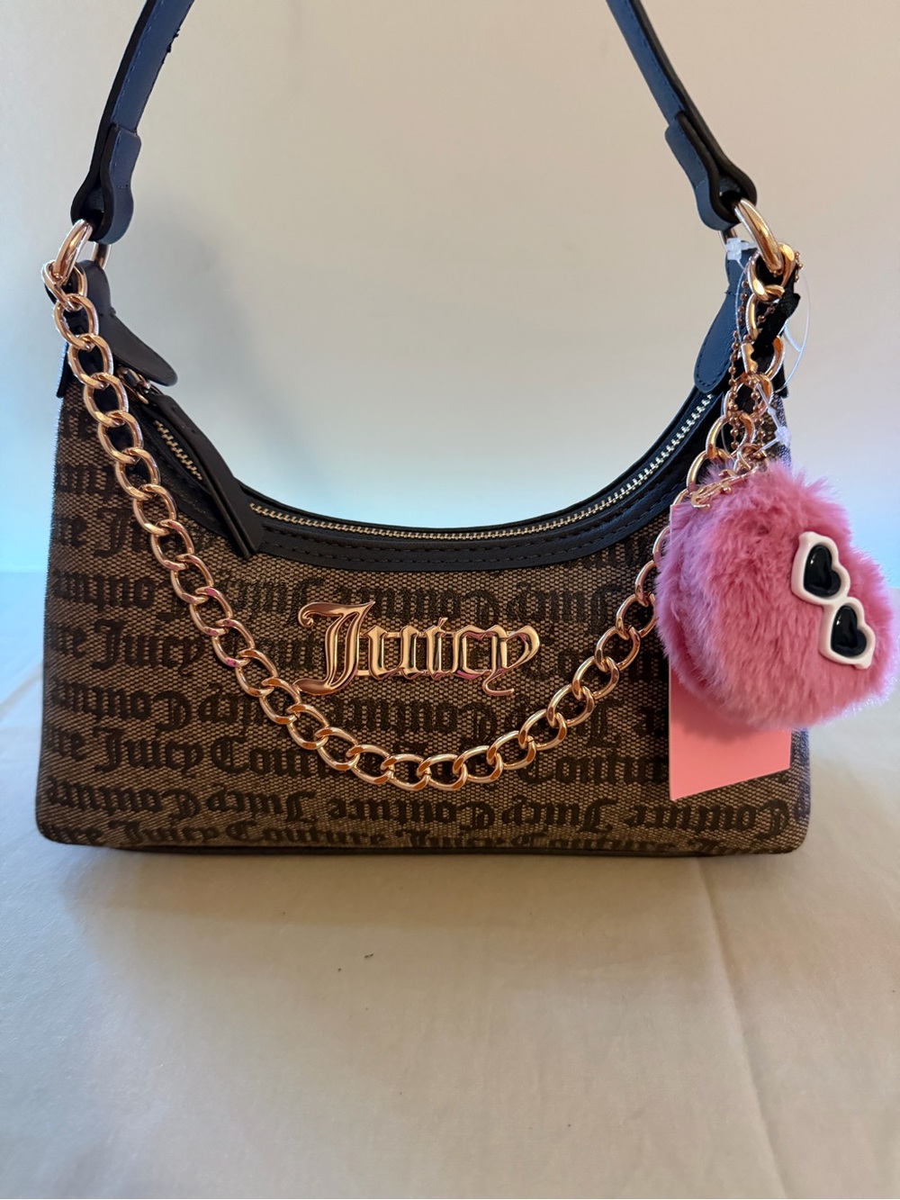 Juicy Couture Brown Logo Shoulder Bag with Pink Fur Pom Charm